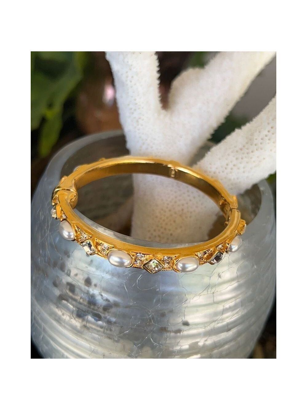 Gold Crystal Pearl Cabochon Kenneth J Lane Hinged Bracelet